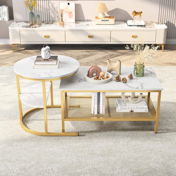 Set de 2 Tables Basses Marbre Blanc & Or